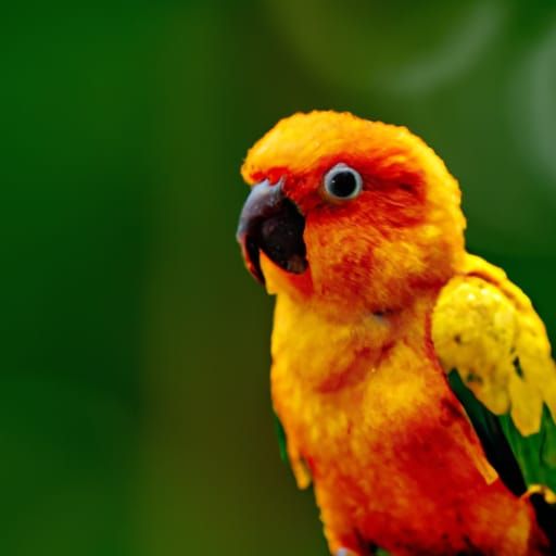 Zoom out. Full view Sun conure parrot rich deep water colors depth of field