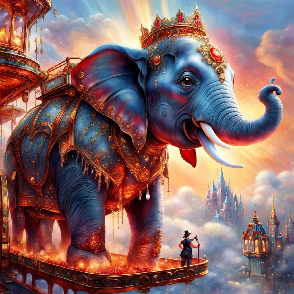 Majestic Elephant on Celestial Sky Train in Whimsical Fantas...