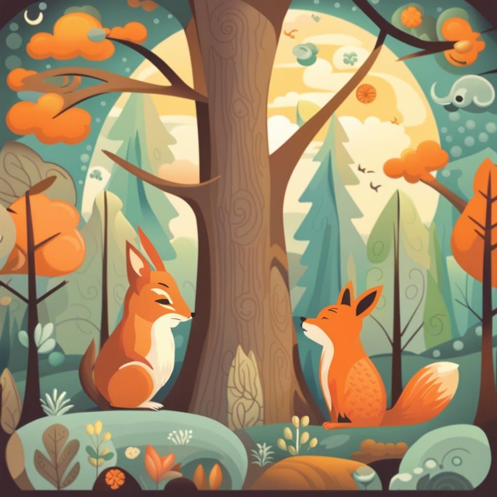 woodland scene, cool and warm colors, squirrel, fox, rabbit,...