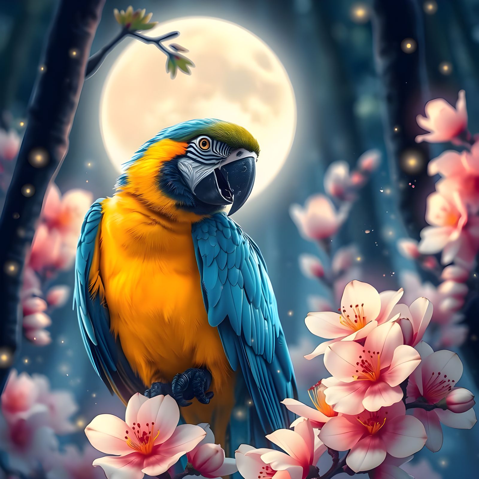 Majestic Macaw in Enchanted Moonlight, Fantasy Art
