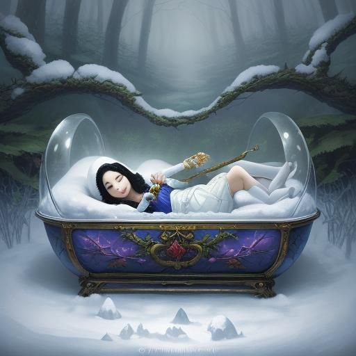 Snow White's Ethereal Slumber in Misty Forest