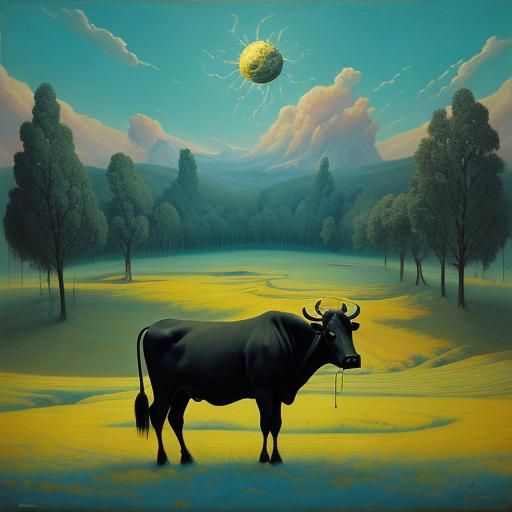 Surreal Cow in Dreamlike Landscape as Painting