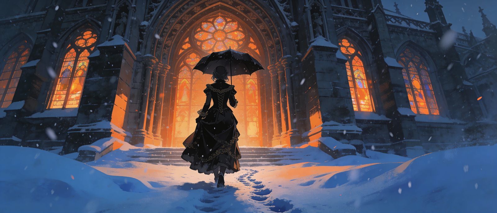 Gothic Woman in Snow Heads to Cathedral, Anime Style