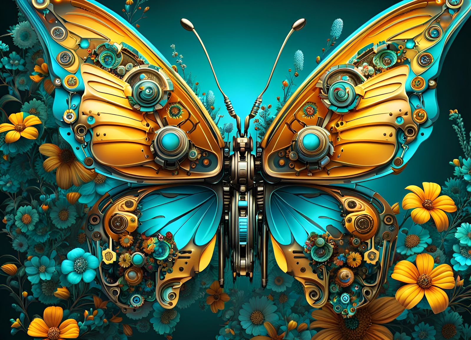 Exploded floral cyberpunk robotic amber and turquoise butterfly-3676