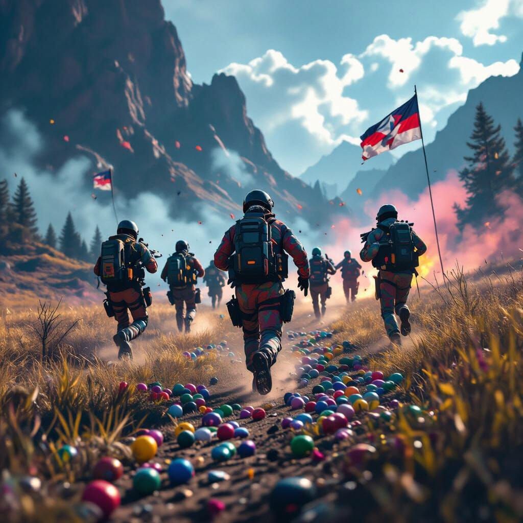 Paintball Players Sprinting Towards Flag in Detailed Matte P...