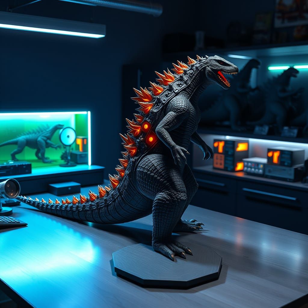 Futuristic Modeler's Workshop with Detailed Godzilla Model