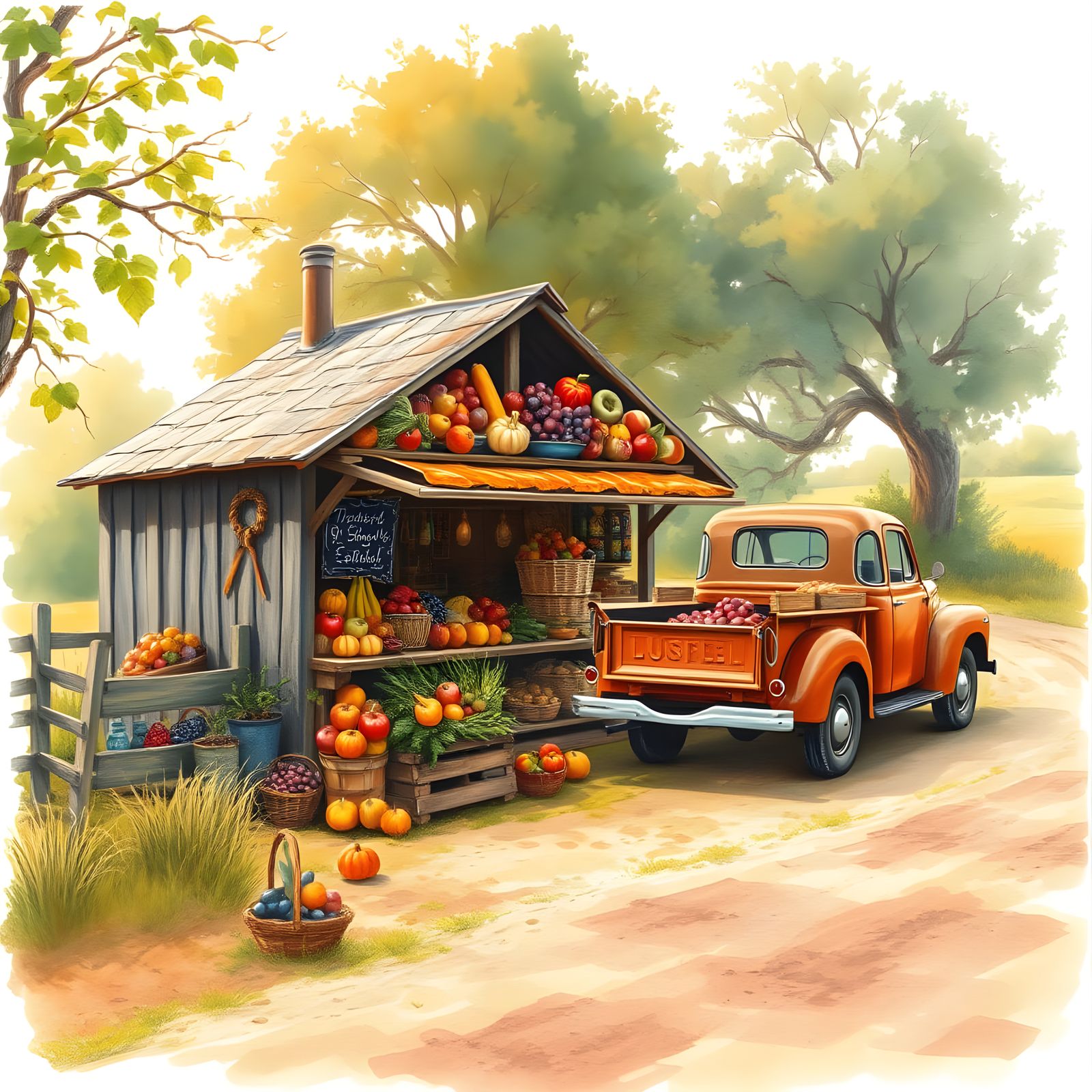 Watercolor Farm Stand in Golden Light