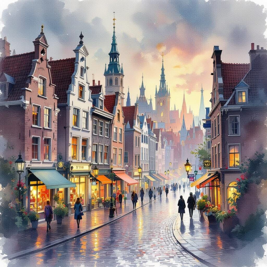 Miniature Cityscape in Watercolor with Ethereal Lighting