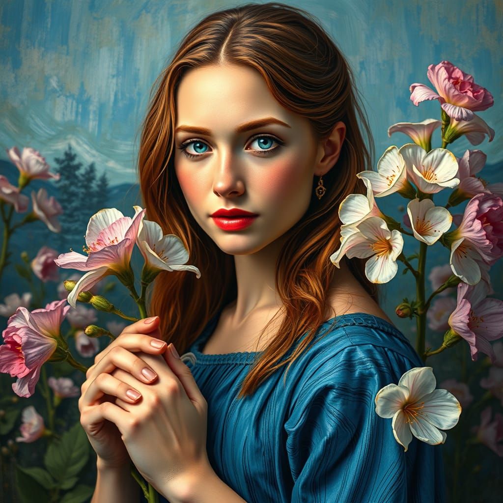 Ethereal Woman in Cobalt Blue Dress, Surrounded by Wildflowe...