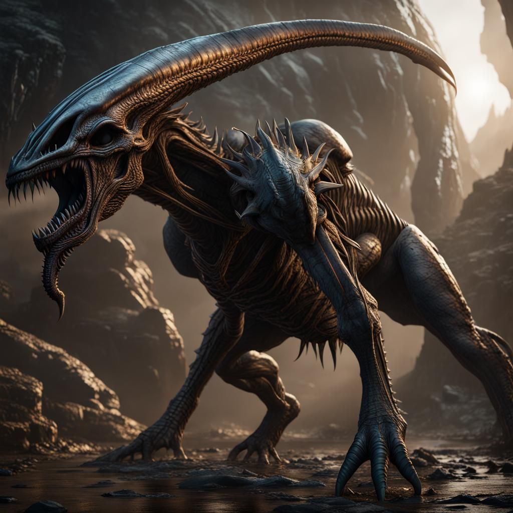 Xenomorph Alien King Battles Dragons in 8k