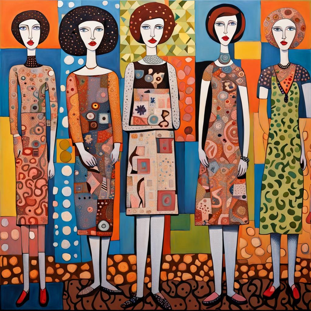 Girls in Naive Surrealist Style Artwork