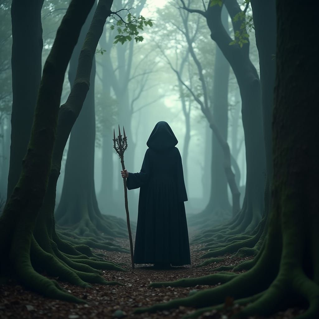 Mysterious Cloaked Figure in Misty Forest with Cinematic Lig...