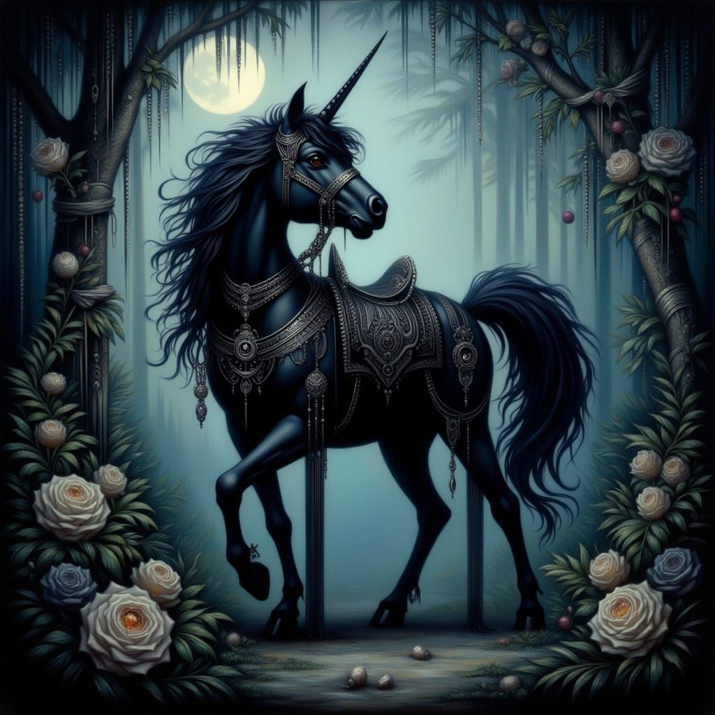 Majestic Black Unicorn in Romantic Goth Style
