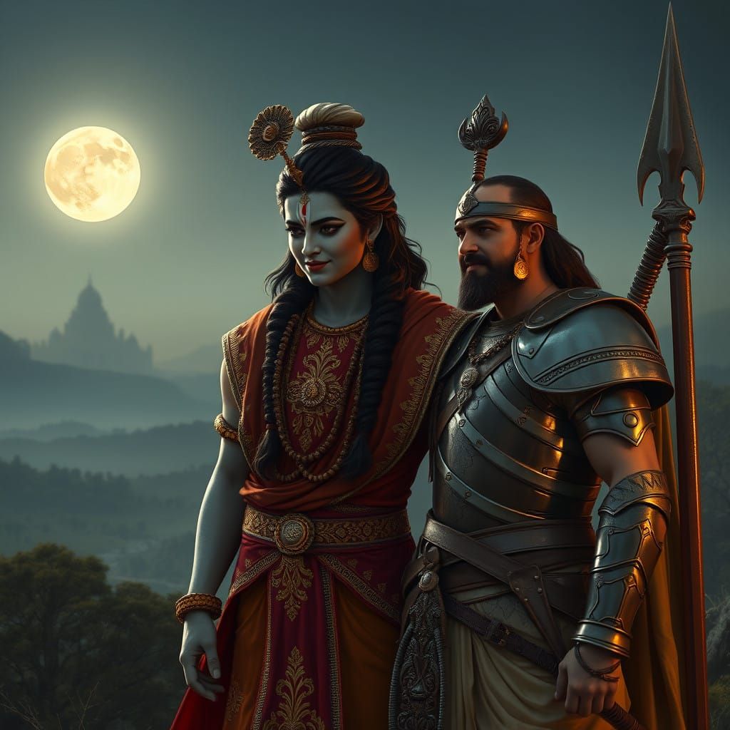 Krishna and Arjuna in a Moonlit Indian Landscape