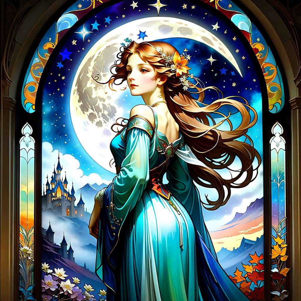 Luminous Stained Glass Night Dreamscape, Mucha Style