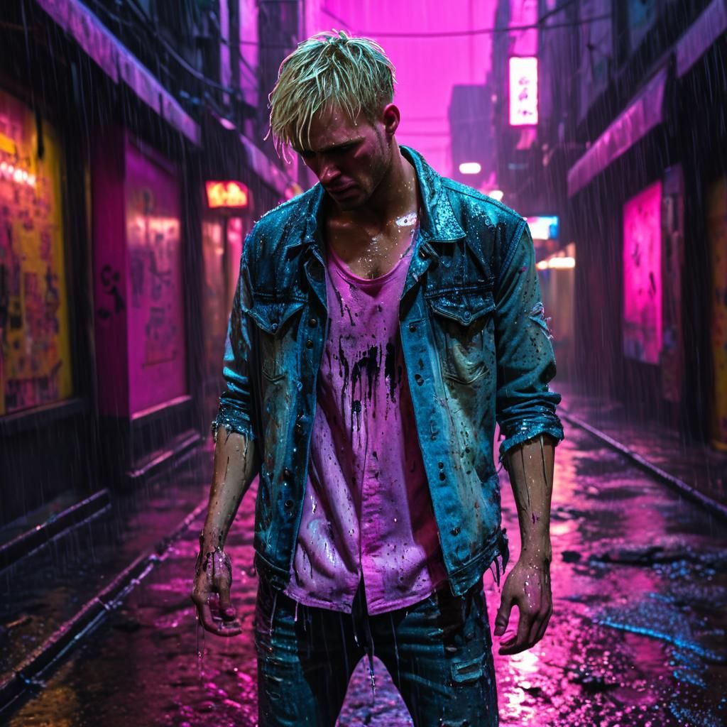 Weeping Man in Neon Alleyway