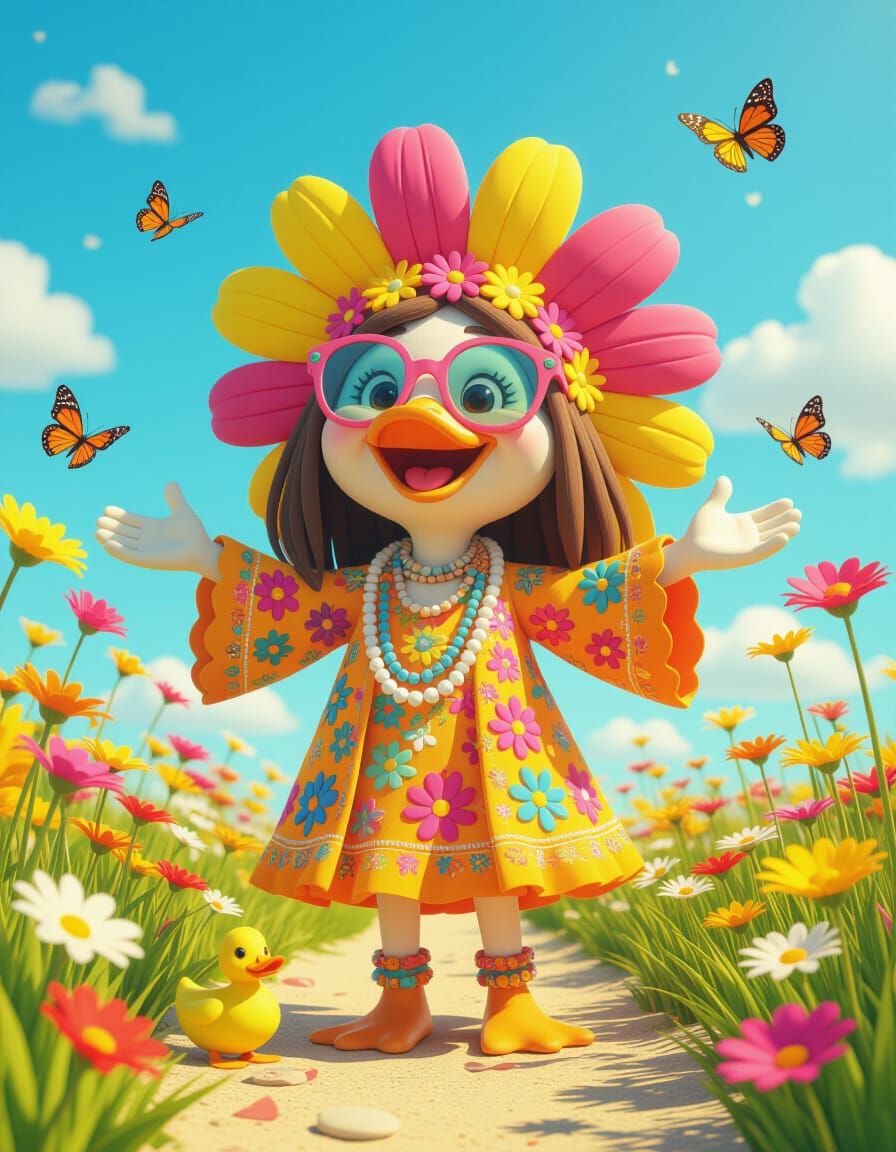 Hippie in Flower Meadow with Duck, 3D Render
