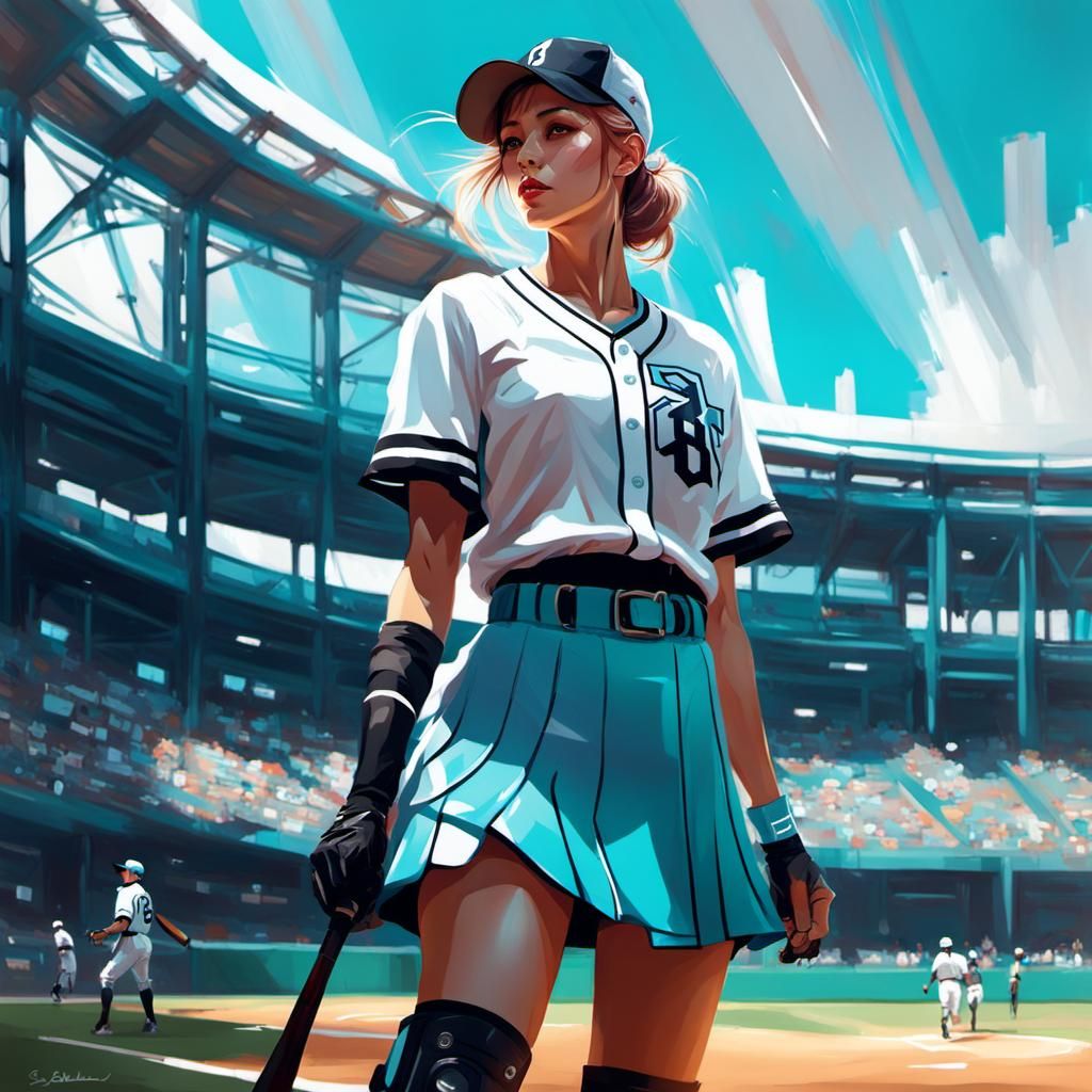A baseball girl with skirt on a baseball park!