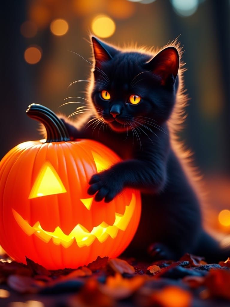 Black Kitten Plays with Glowing Jack O'Lantern