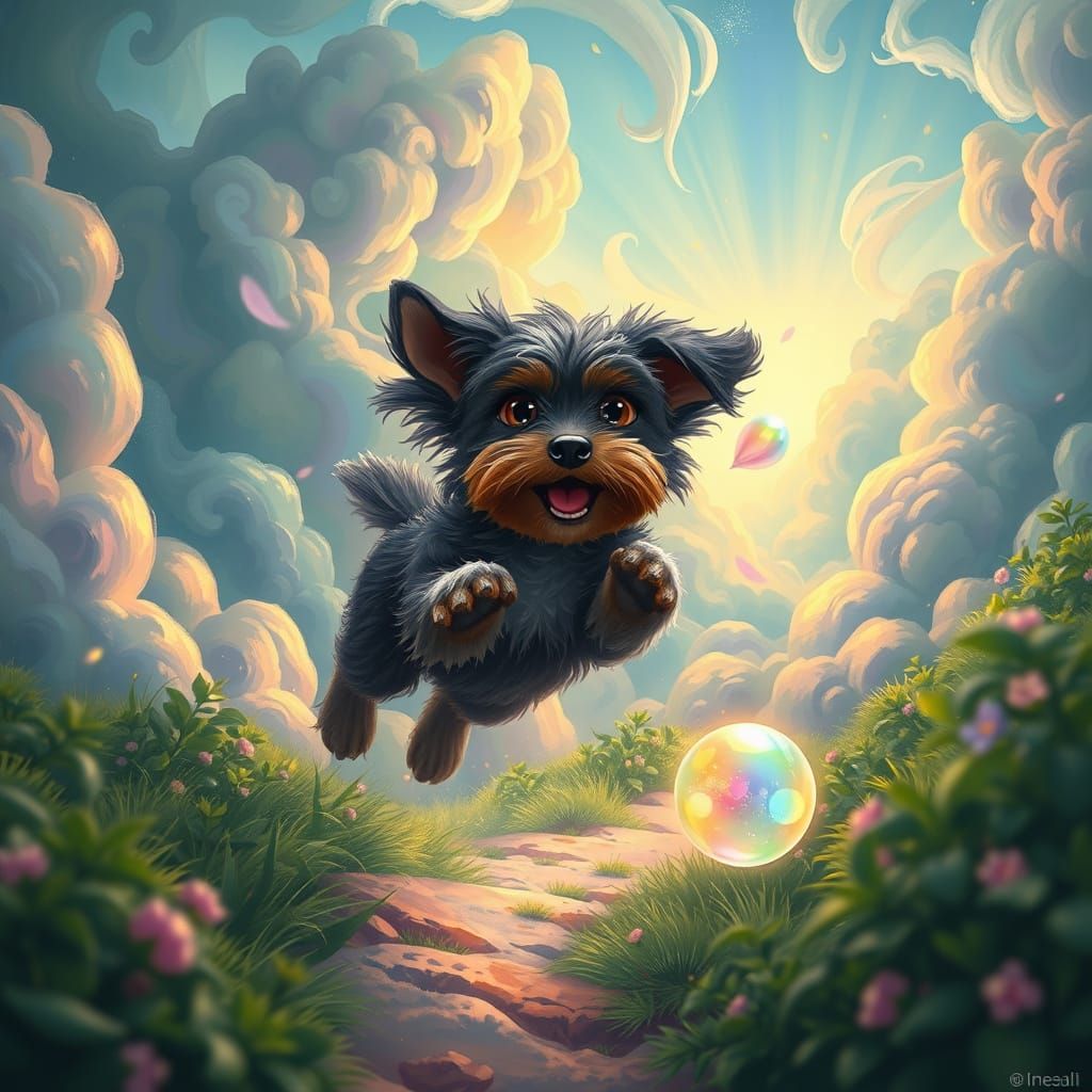 Whimsical Miniature Schnoodle Chases Magical Ball in Fantasy...