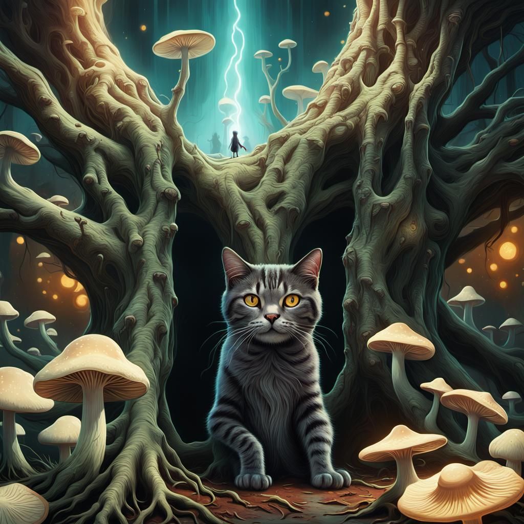 Mystical Cat in Glowing Mushroom Forest