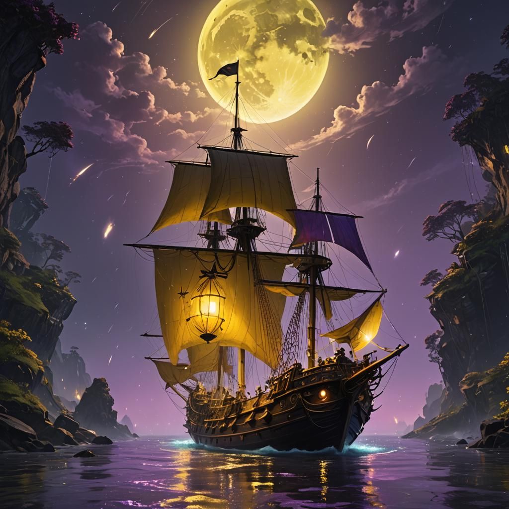Rainbow Moonlight Sailboat in Dark Fantasy Art