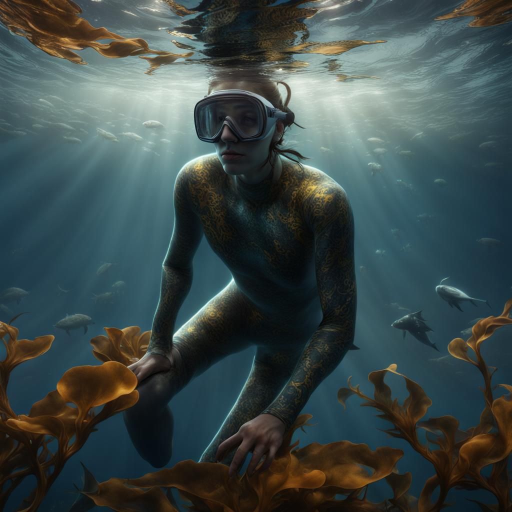 Underwater Freediver Reflecting on Silver Surface
