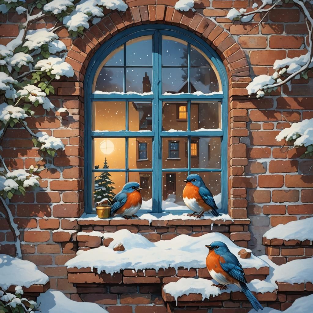 Robins and Curious Cat at Quaint Window