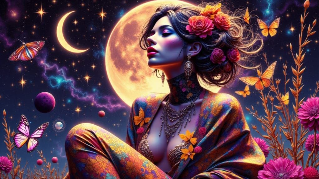 Woman Floating Through Stars in Mixed Ink Art