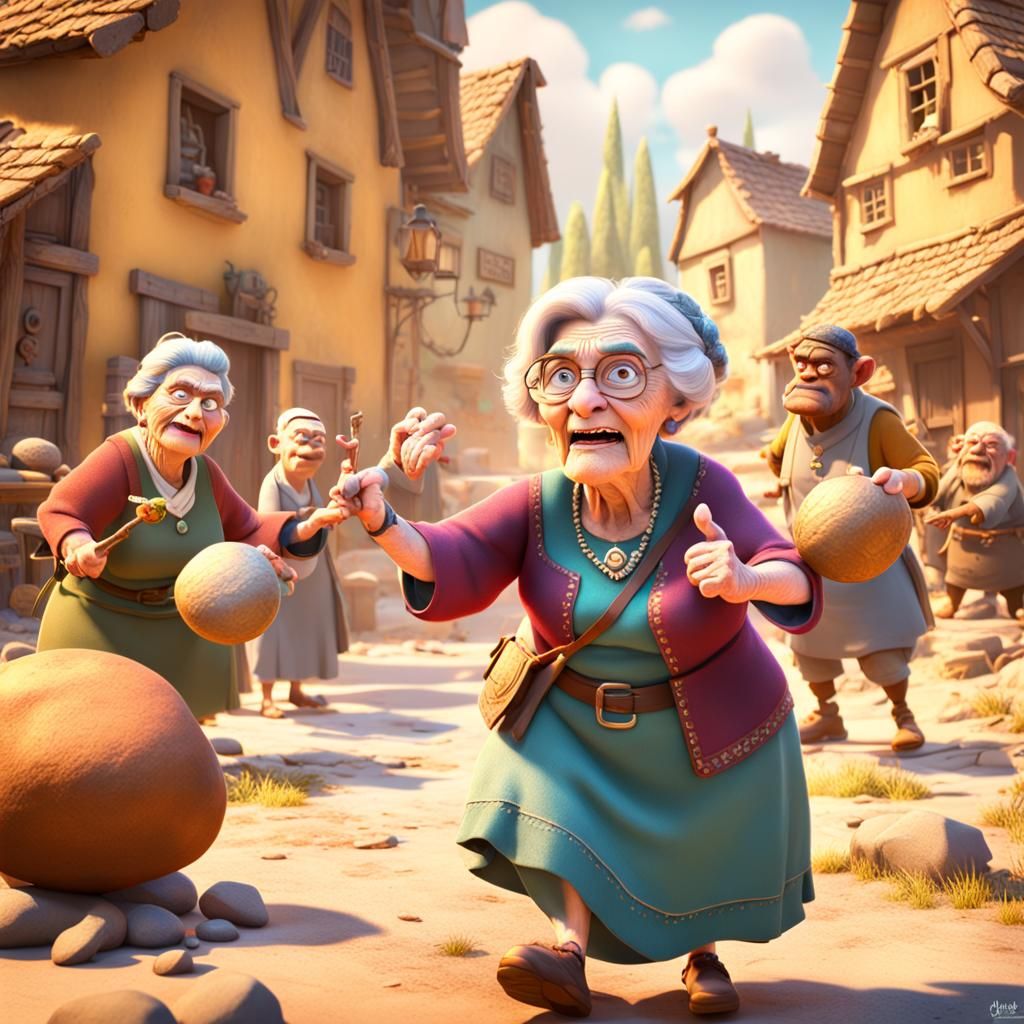 Granny Throws Rocks: 3D Animated Digital Art
