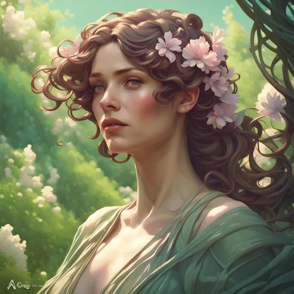 Art Nouveau Portrait in Lush Spring Landscape