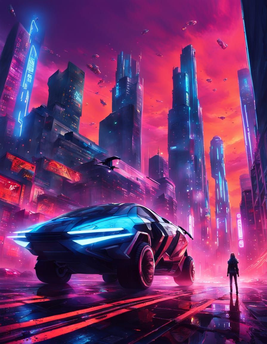 Futuristic Cyberpunk Girl Gazes Up at Flying Car