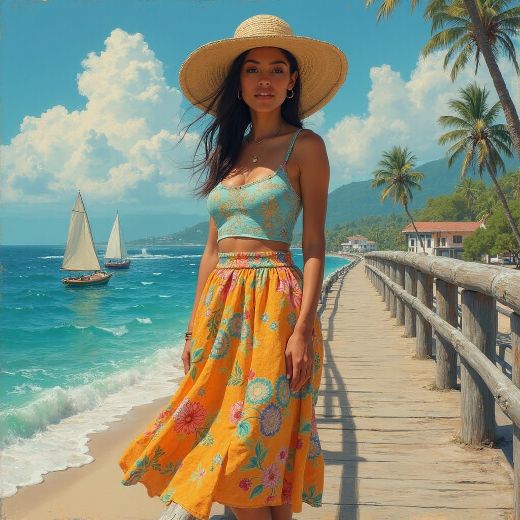 Brazilian Woman on Boardwalk in Impressionist Style