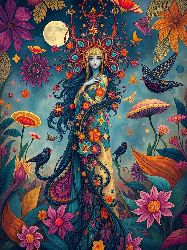 Ethereal Goddess Emerges from Vibrant Fantasy Realm