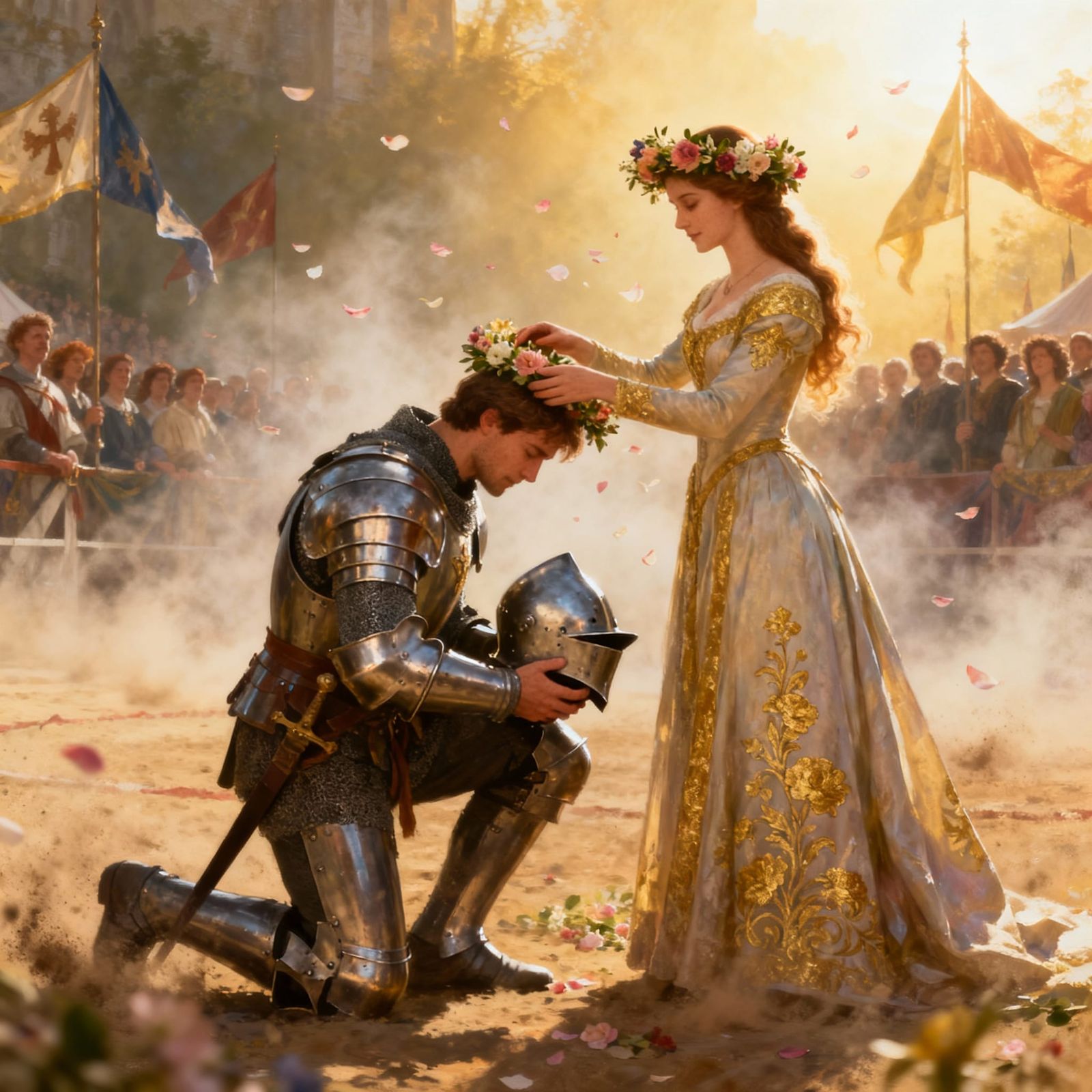 Knight Kneels Before Lady at Medieval Tournament