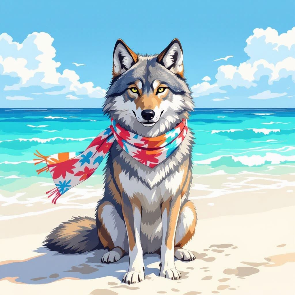 Wolf on Beach with Summer Scarf, Painterly Style