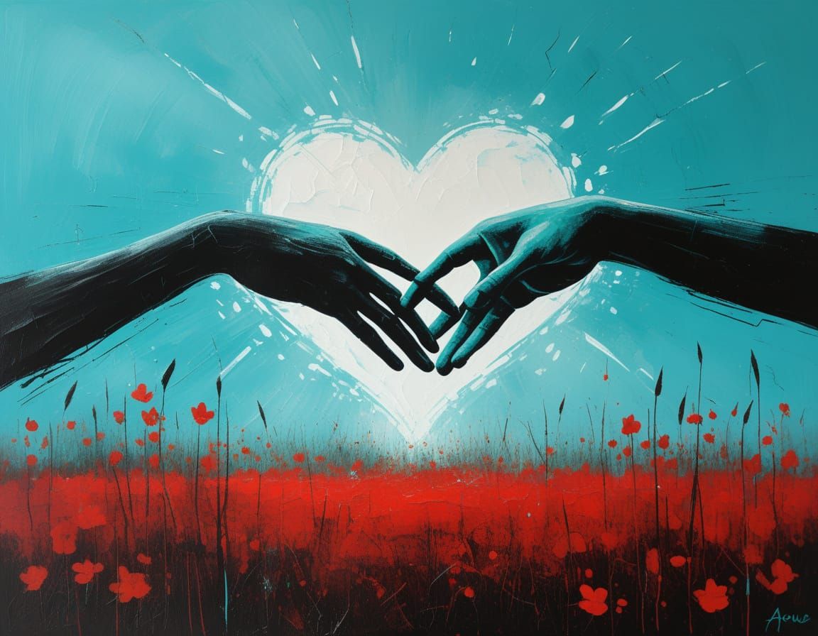 Glowing Silhouettes in Misty Field as Oil Painting