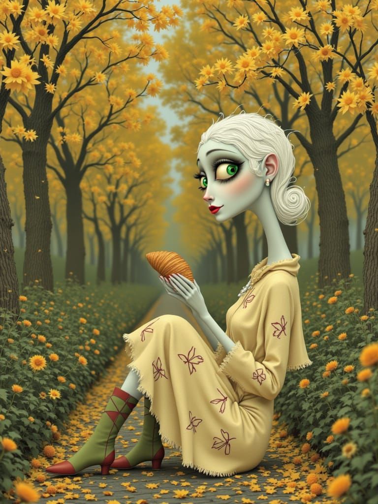 Tim Burton Style Witch Enjoying Croissant in Garden