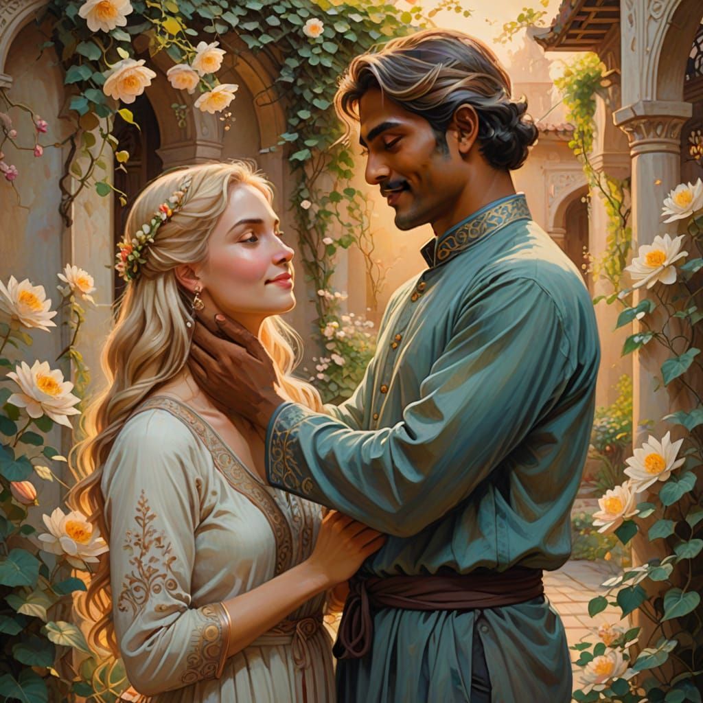 Hindu Man and Blonde Woman in Art Nouveau Courtyard