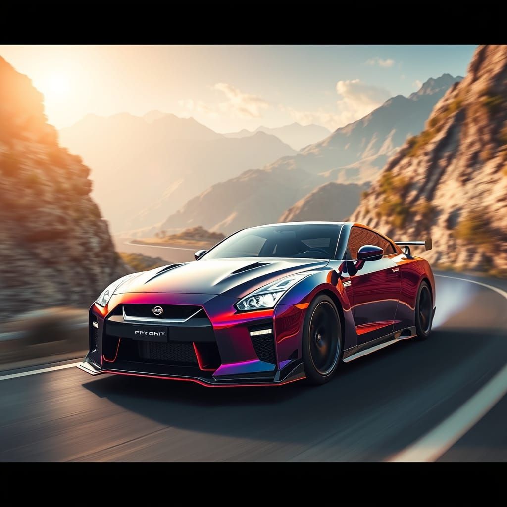Nissan GTR Speeding on Mountain Road in Futuristic Style