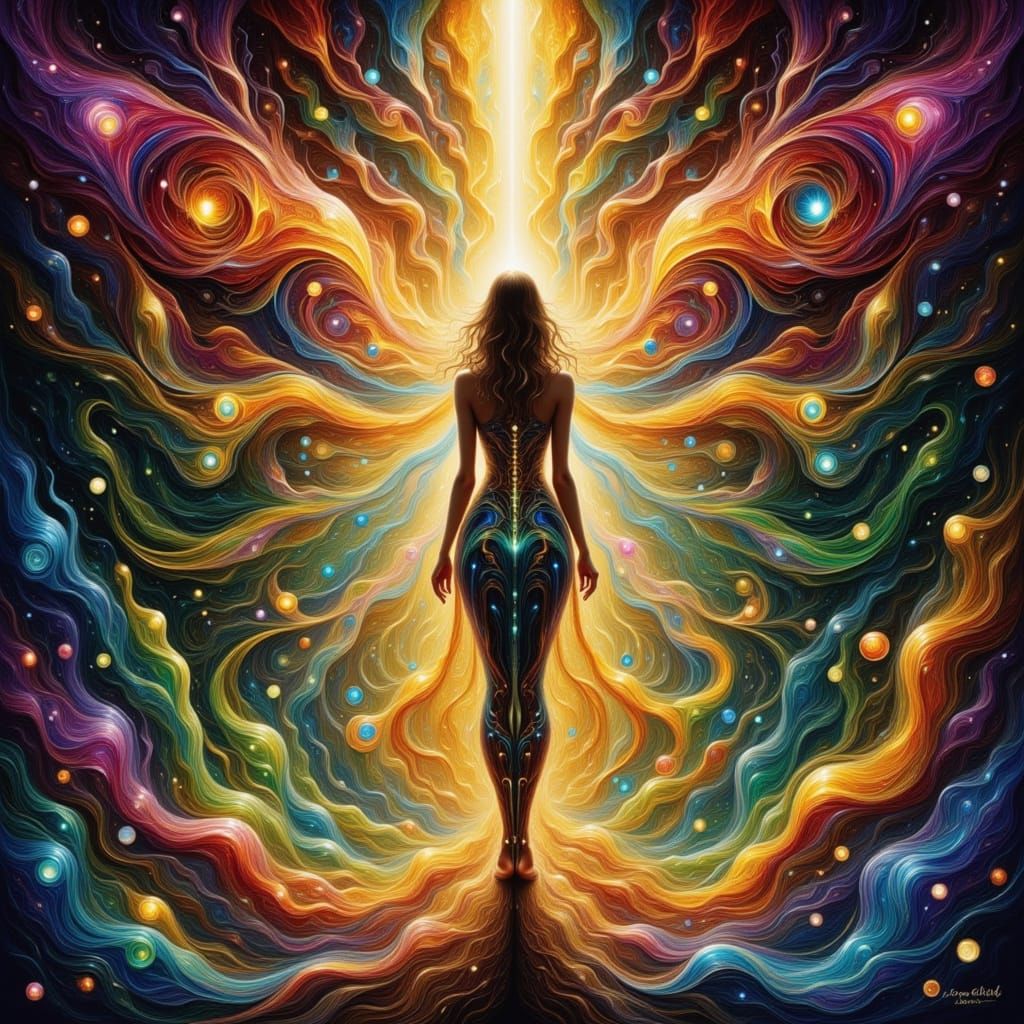 Anime Cyborg in Crystal Hive with Magic Information Ribbons