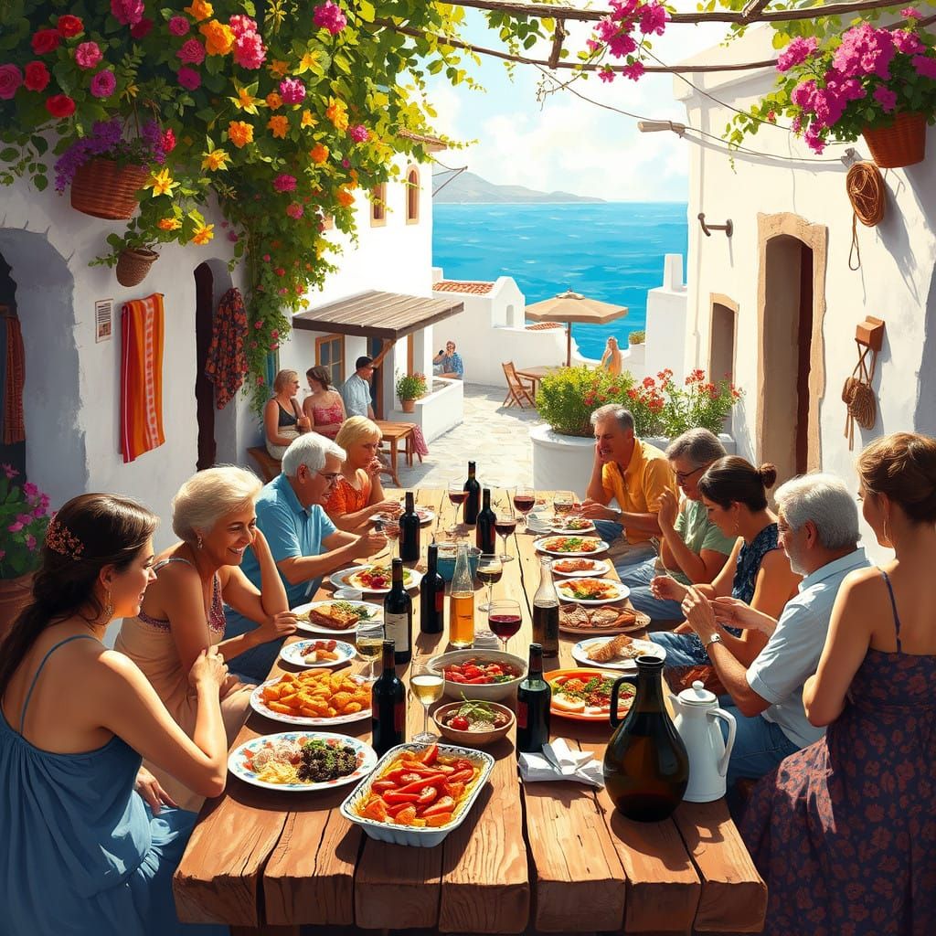 Whitewashed Village Taverna Scene in Folk Art Style