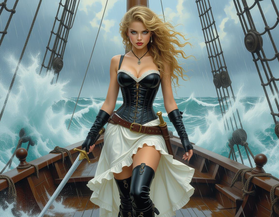 Steampunk Woman on Ship in Storm Illustration