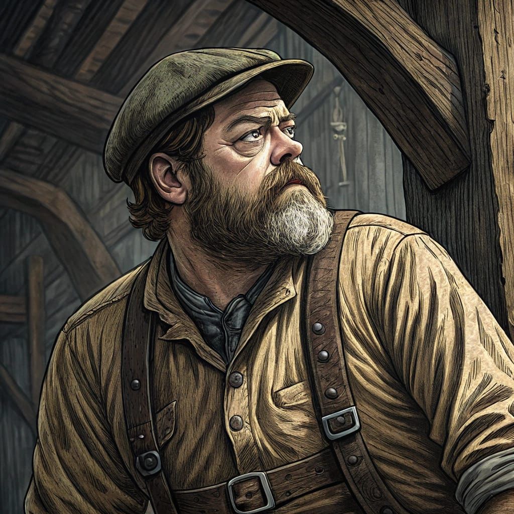 Nick Offerman as Victorian Laborer in Woodcut Style