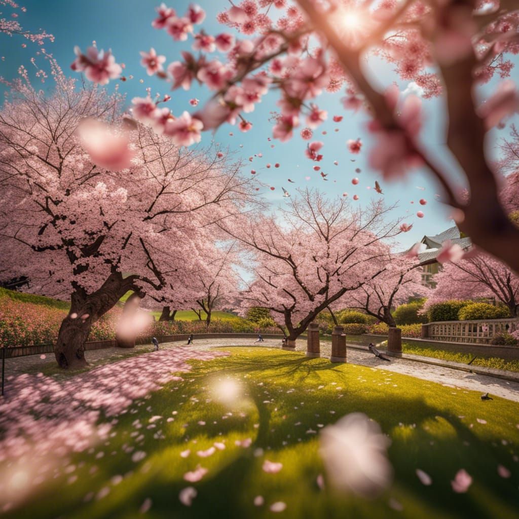 Beautiful Cherry Blossom Garden in Summer Atmosphere