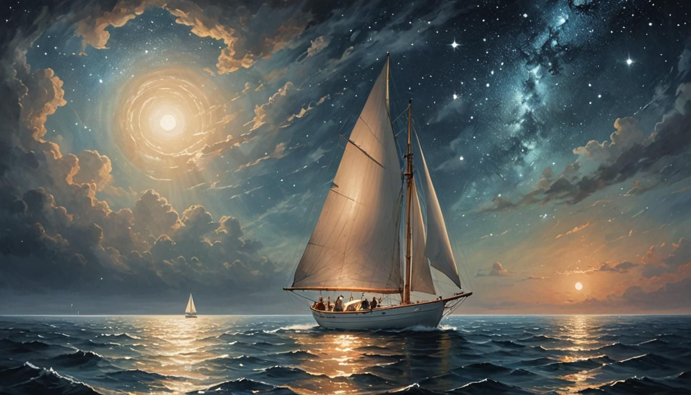 Man Sails Dreamlike Sea Under Starlit Sky