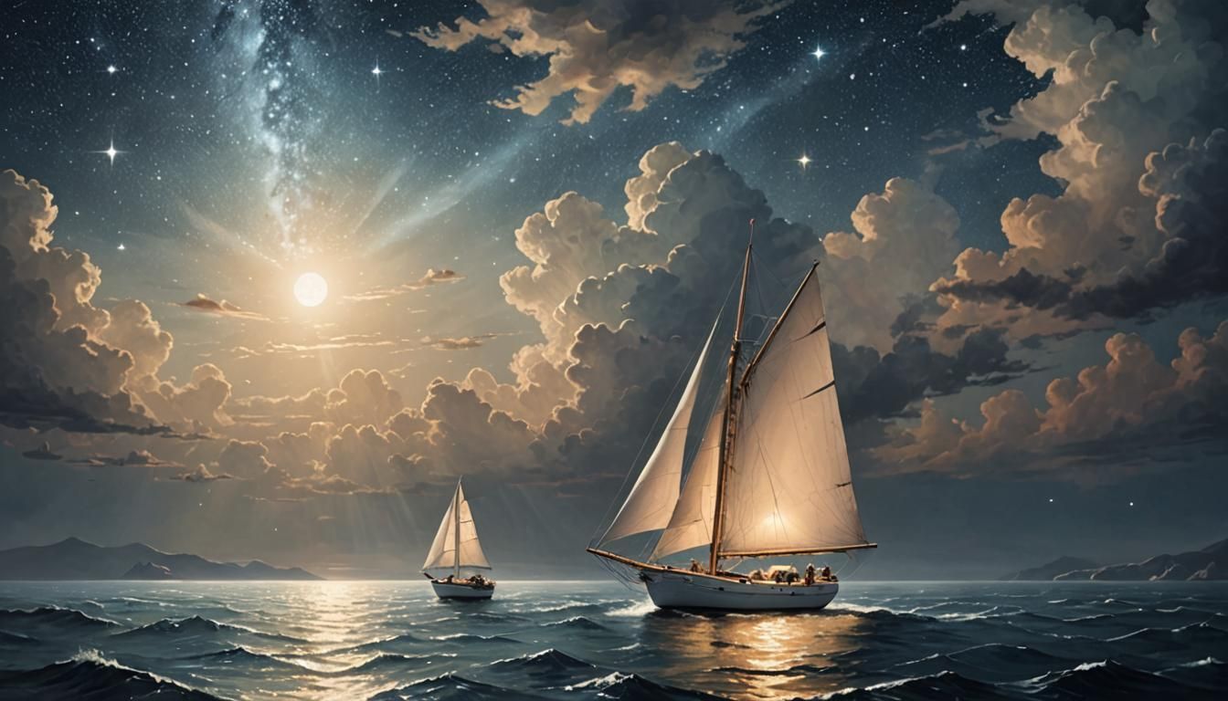 Solitary Man Sails Dreamy Sea Under Starlight