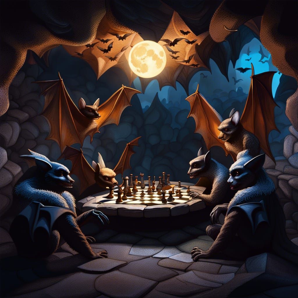 Bats Play Chess in Cavern, Hyperrealistic Splash Art