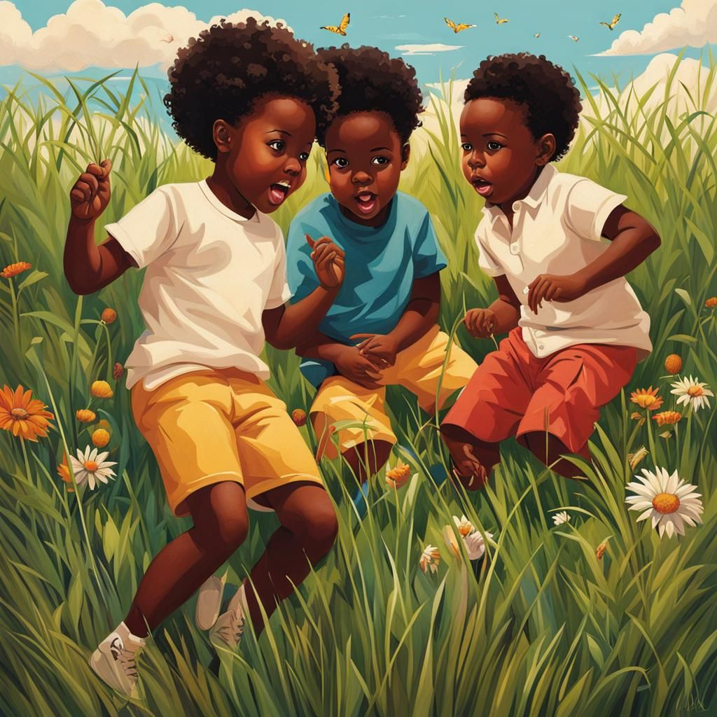 Children Playing in Grass, Social Realism Style