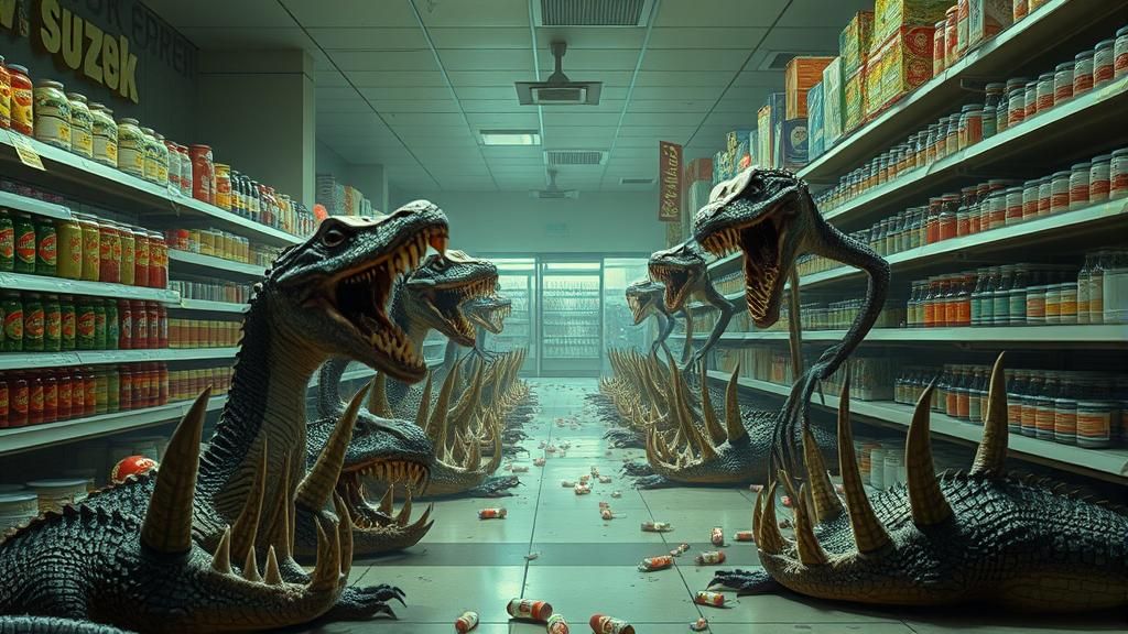 Surreal Grocery Store Chaos with Velociraptor Aliens